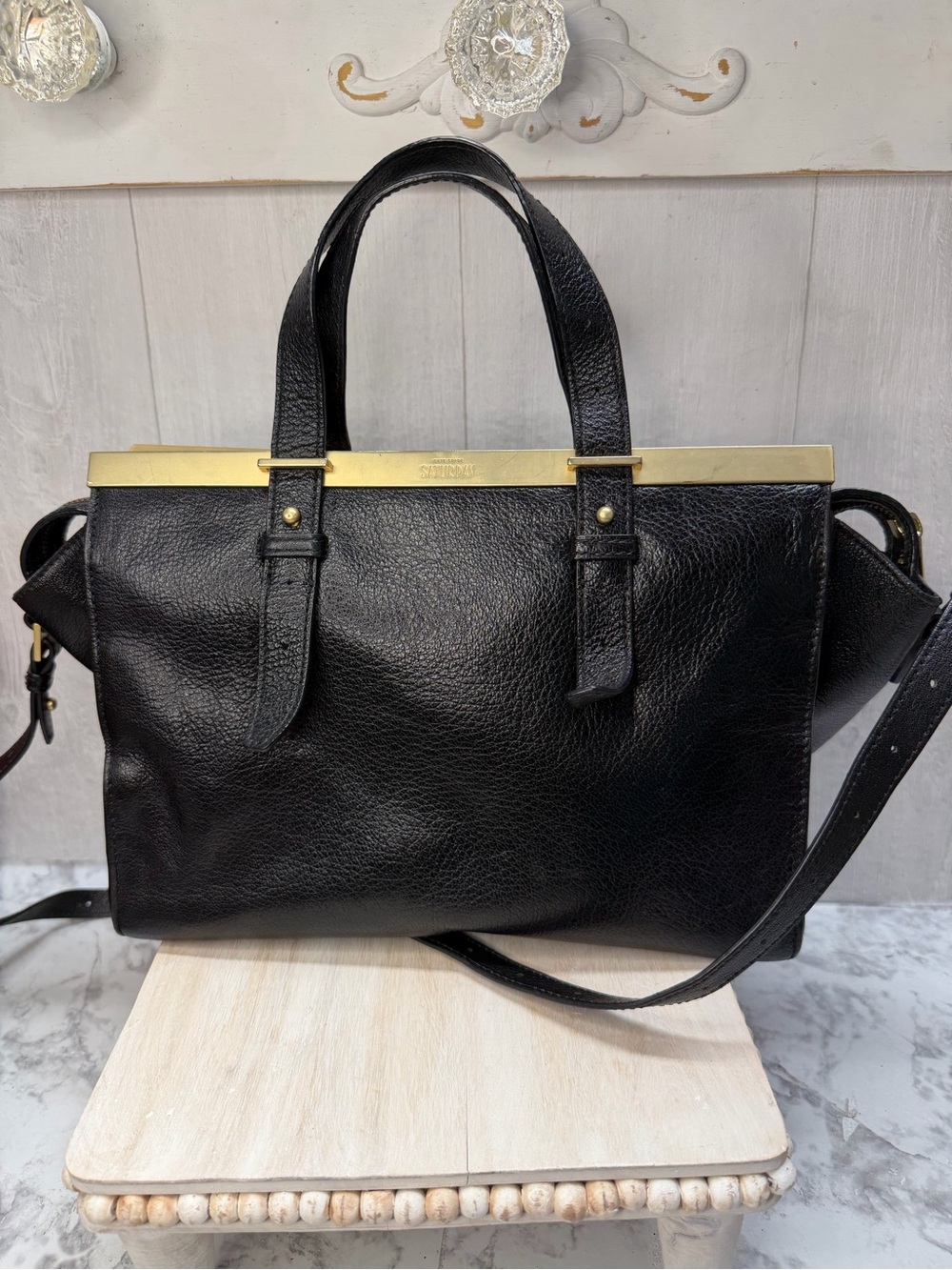 Kate Spade Saturday Black Leather Satchel with Gold Bar Detail Crossbody Handles